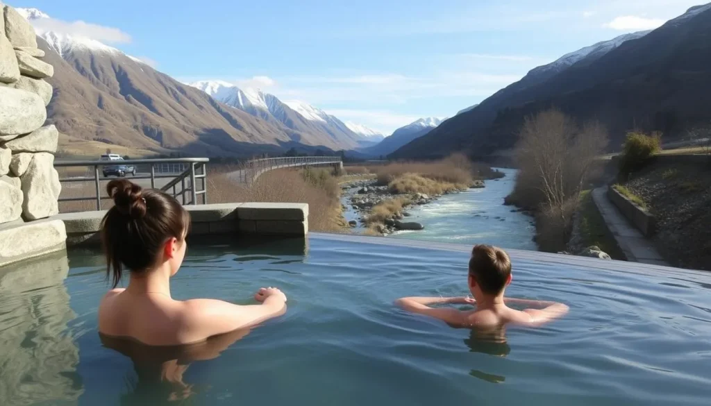 Onsen Hot Pools Queenstown with mountain views and Shotover River in the background