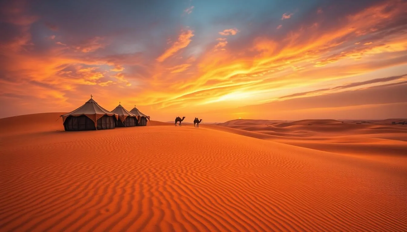 Orange sand dunes of Lompoul Desert with traditional Mauritanian-style tents