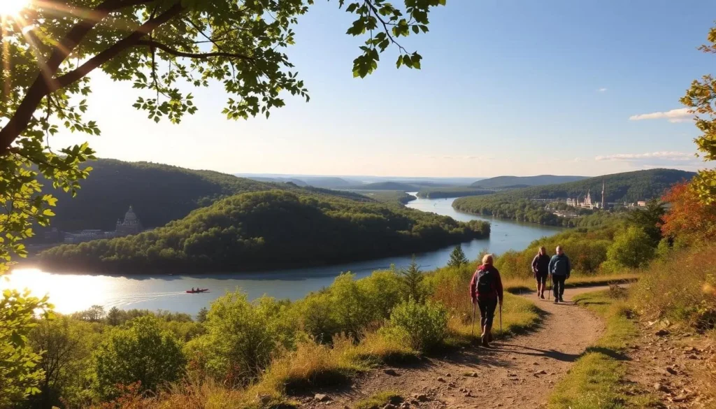 Outdoor activities in Danville, Kentucky: A vibrant landscape with rolling hills, lush forests, and a serene river backdrop. In the foreground, hikers traverse a winding trail, their steps crunching on the well-trodden path. Sunlight filters through the canopy of verdant trees, casting a warm, golden glow over the scene. In the middle ground, kayakers glide effortlessly across the glistening waters, their paddles creating gentle ripples. The distant horizon is dotted with iconic landmarks, hinting at the rich history and culture of this picturesque town. An atmosphere of tranquility and adventure permeates the air, inviting visitors to immerse themselves in the great outdoors of Danville.