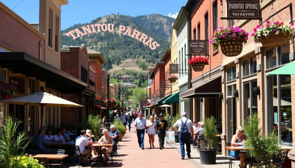 Outdoor dining along Manitou Avenue with mountain views and historic buildings
