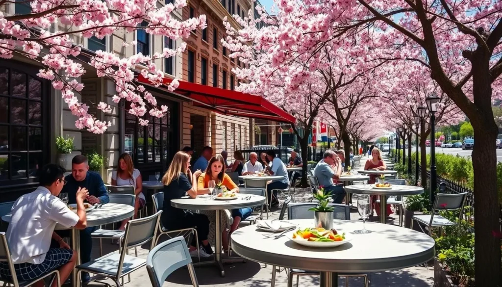 Outdoor dining at a vegetarian restaurant in Washington DC during spring cherry blossom season Outdoor dining at a vegetarian restaurant in Washington DC during spring cherry blossom season