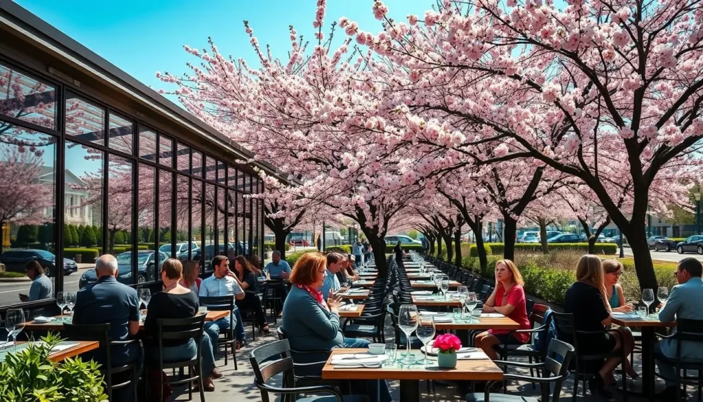 Outdoor dining scene in Washington DC during cherry blossom season Outdoor dining scene in Washington DC during cherry blossom season