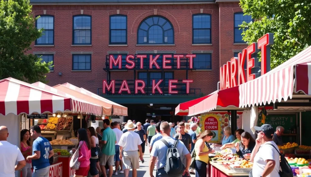 Outdoor weekend market at Eastern Market with street food vendors and customers