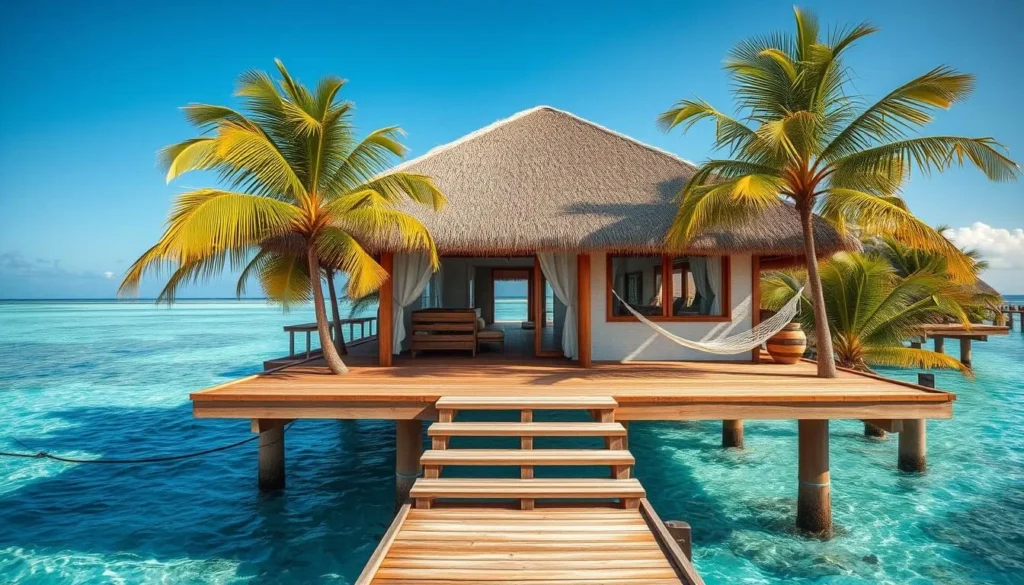 Overwater bungalow accommodation in the Marshall Islands with steps leading to clear lagoon waters Overwater bungalow accommodation in the Marshall Islands with steps leading to clear lagoon waters