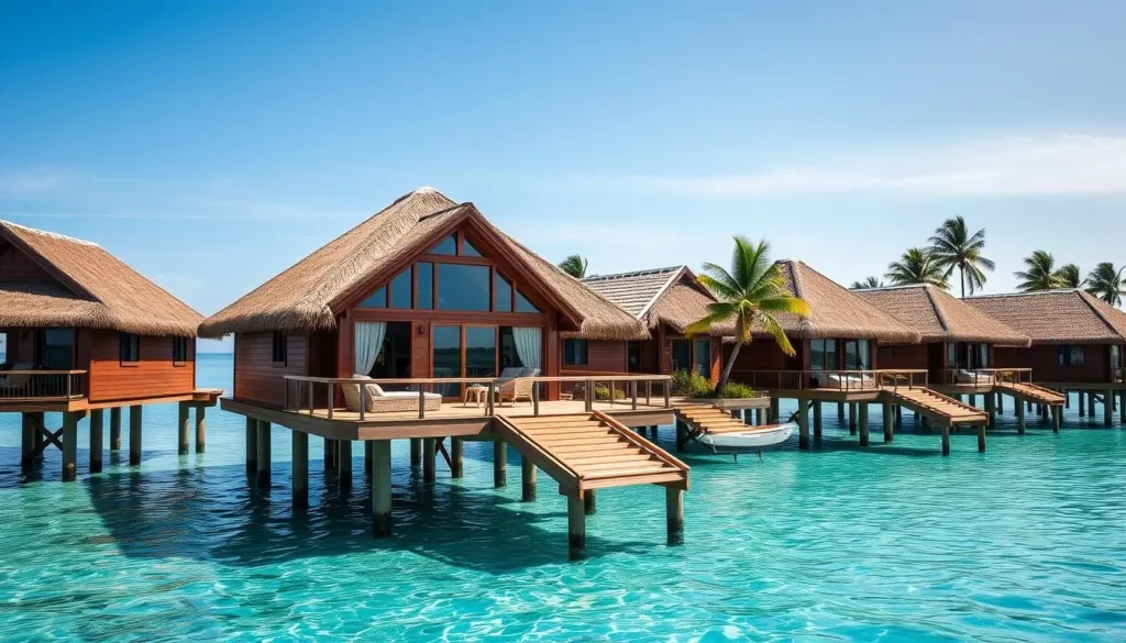 Overwater bungalows at a Papua New Guinea resort with clear turquoise water