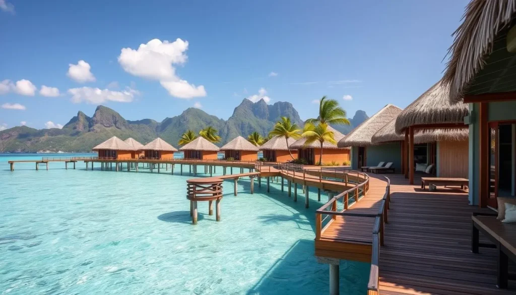 Overwater bungalows at a luxury resort in New Caledonia with mountain views