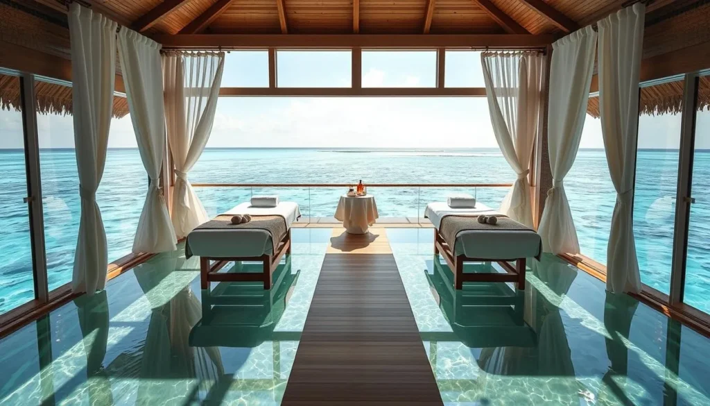 Overwater spa treatment room in the Maldives with glass floor