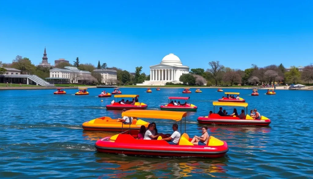 Paddle boats on the Tidal Basin with Jefferson Memorial in the background Paddle boats on the Tidal Basin with Jefferson Memorial in the background