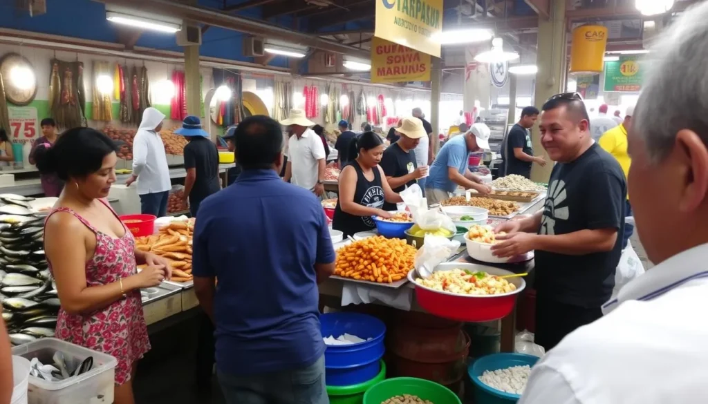 Panama City Mercado de Mariscos fish market scene with fresh seafood and locals enjoying ceviche