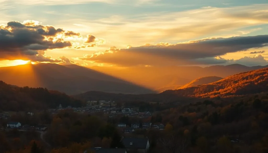 Panoramic sunset view of Windham, New York with mountains in background Panoramic sunset view of Windham, New York with mountains in background