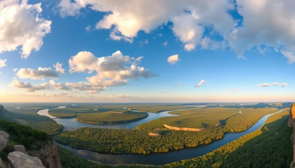 Panoramic view from Lover's Leap Overlook at Starved Rock State Park showing the Illinois River