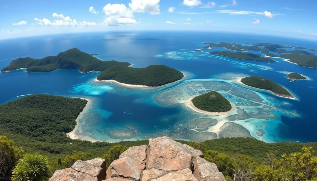Panoramic view from Summit Walk lookout in Fitzroy Island National Park, Queensland Panoramic view from Summit Walk lookout in Fitzroy Island National Park, Queensland