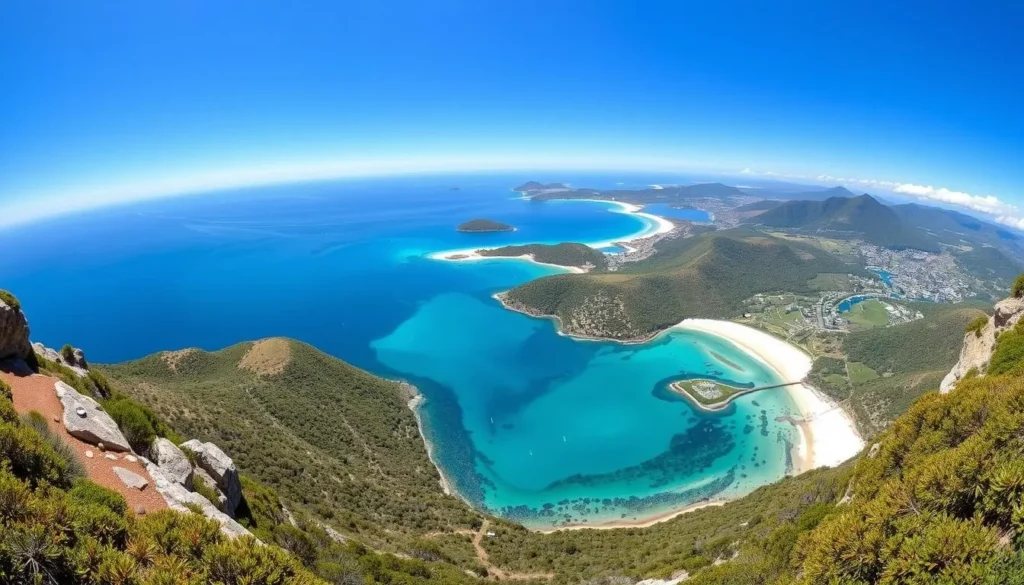 Panoramic view from Tomaree Head Summit showing the coastline, beaches, and islands of Port Stephens Panoramic view from Tomaree Head Summit showing the coastline, beaches, and islands of Port Stephens
