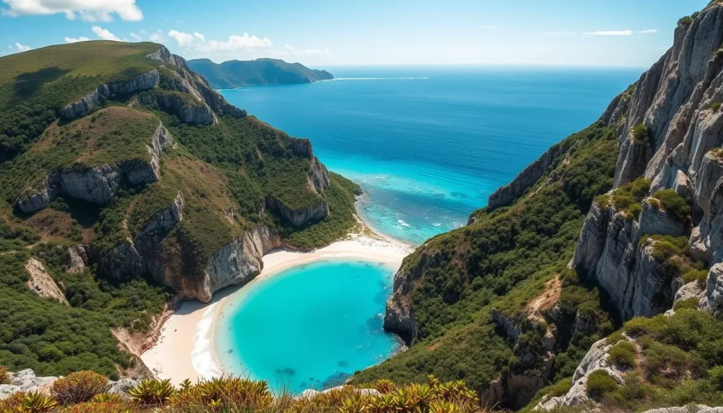 Panoramic view of Anson Bay on Norfolk Island showing dramatic cliffs, turquoise waters, and a secluded beach below surrounded by lush vegetation Panoramic view of Anson Bay on Norfolk Island showing dramatic cliffs, turquoise waters, and a secluded beach below surrounded by lush vegetation