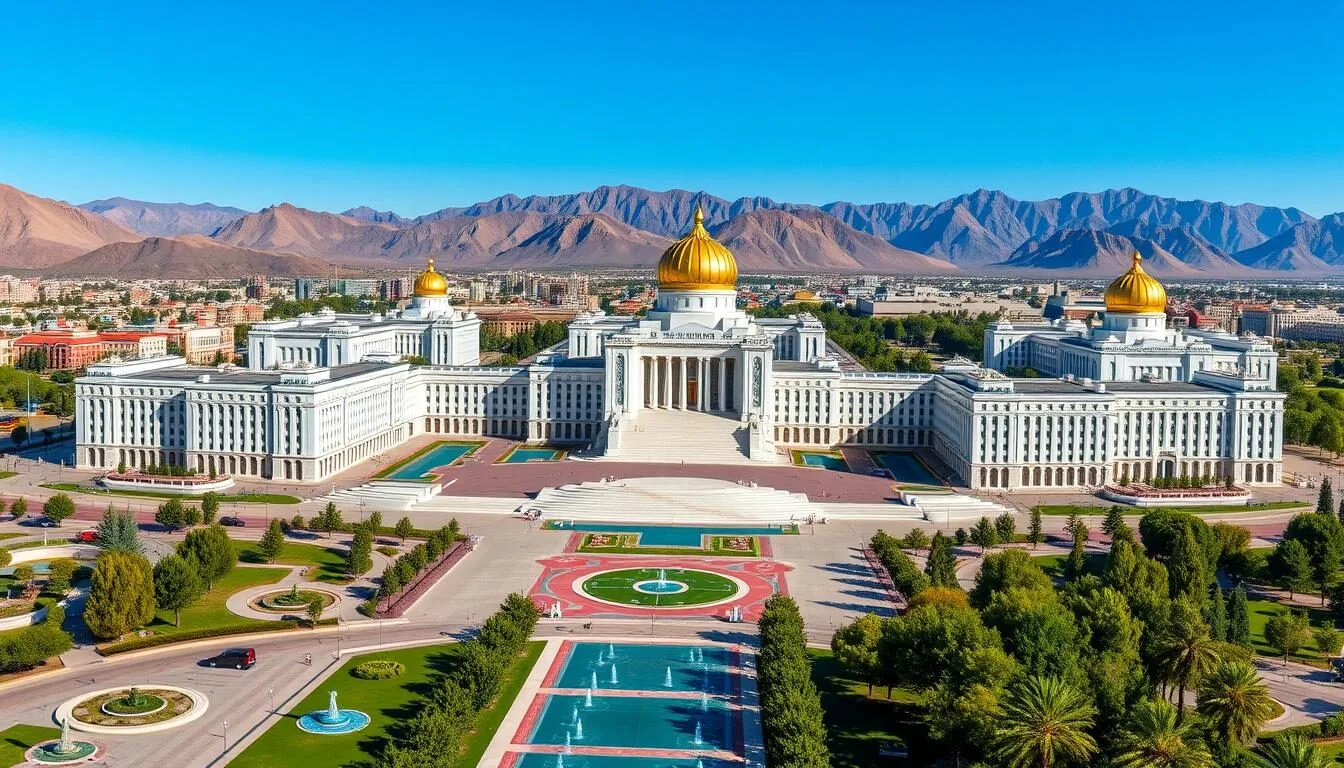 Panoramic view of Ashgabat's white marble buildings and monuments with mountains in the background, showcasing the best things to do in Turkmenistan