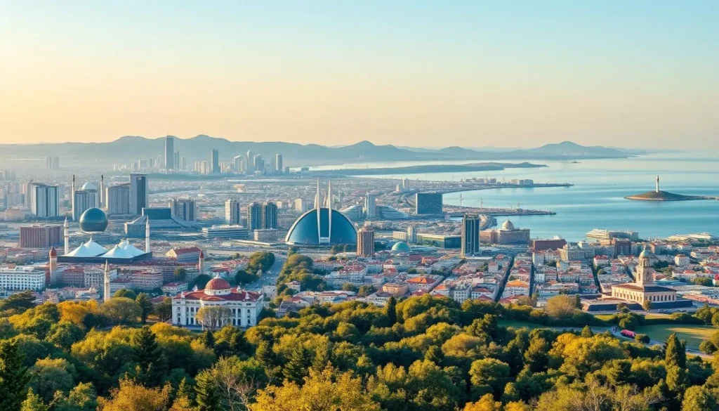 Panoramic view of Baku, the vibrant capital of Azerbaijan, with its striking skyline of modern architecture and ancient landmarks. Capture the sprawling cityscape from the lush greenery of Highland Park, showcasing the Caspian Sea coastline, the iconic Flame Towers, and the historical Old City. Utilize a wide-angle lens to depict the scene in glorious detail, with warm, golden sunlight illuminating the scene and creating a serene, inviting atmosphere. Convey the harmonious blend of old and new, the energy and dynamism of this thriving metropolis.