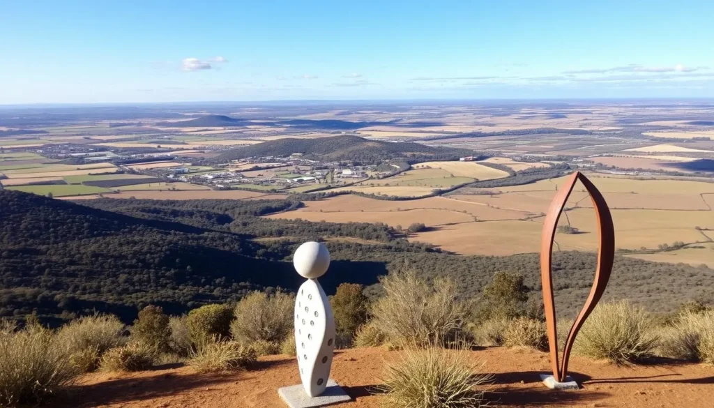 Panoramic view of Barossa Valley from Mengler Hill Lookout with sculptures in the foreground