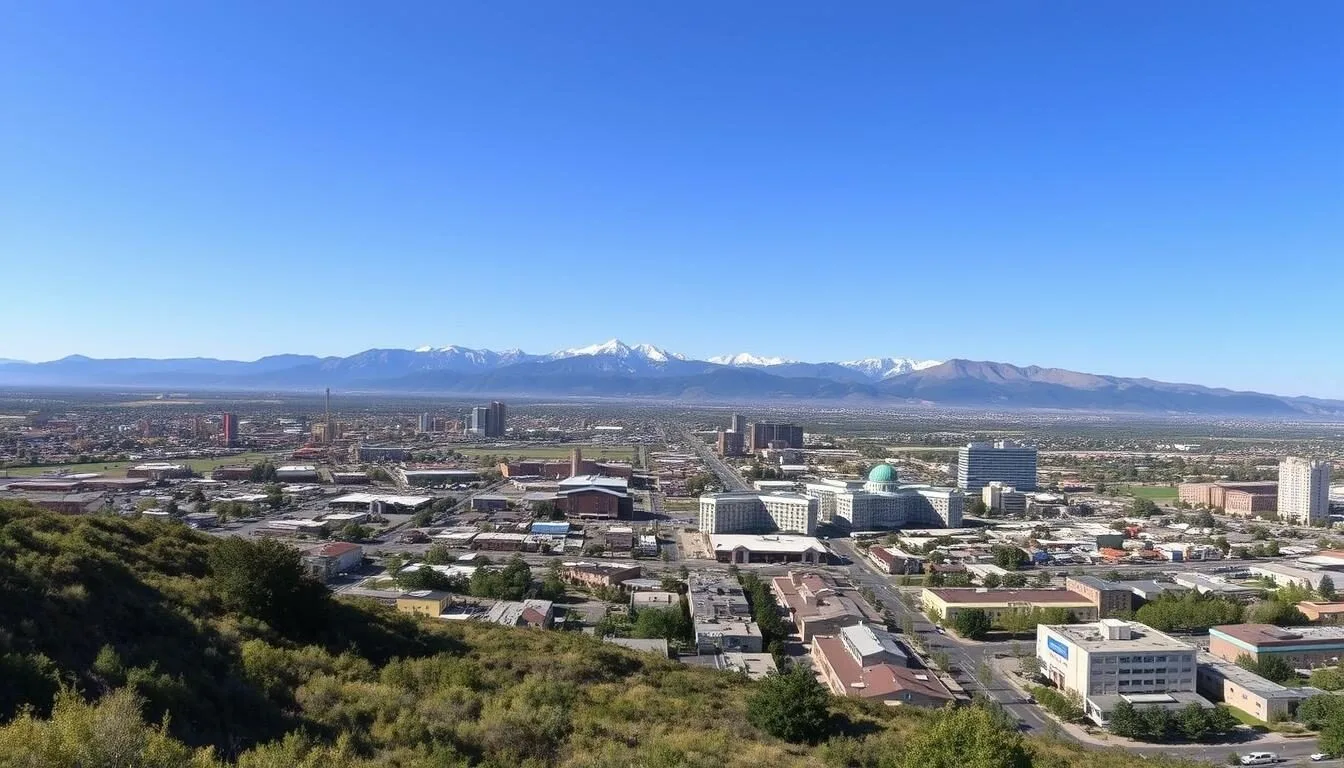 Panoramic view of Commerce City Colorado with the Rocky Mountains in the background on a clear sunny day