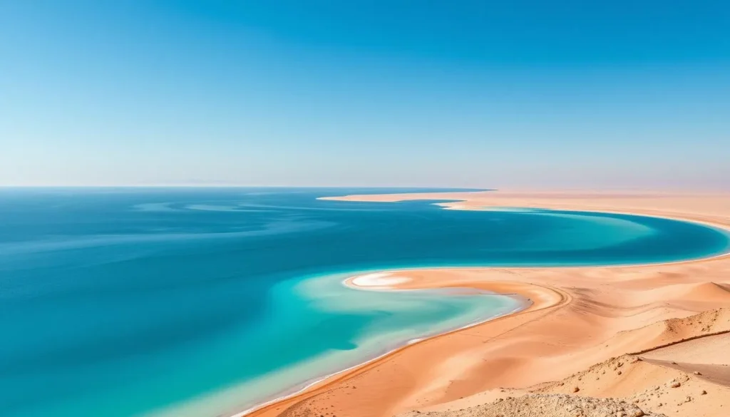 Panoramic view of Dakhla Lagoon with its turquoise waters and desert peninsula Panoramic view of Dakhla Lagoon with its turquoise waters and desert peninsula