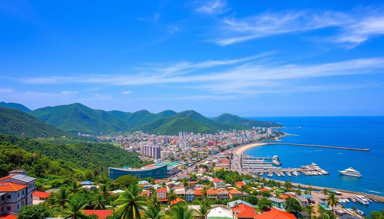 Panoramic view of Freetown, Sierra Leone with its colorful buildings nestled between lush green mountains and the blue Atlantic Ocean