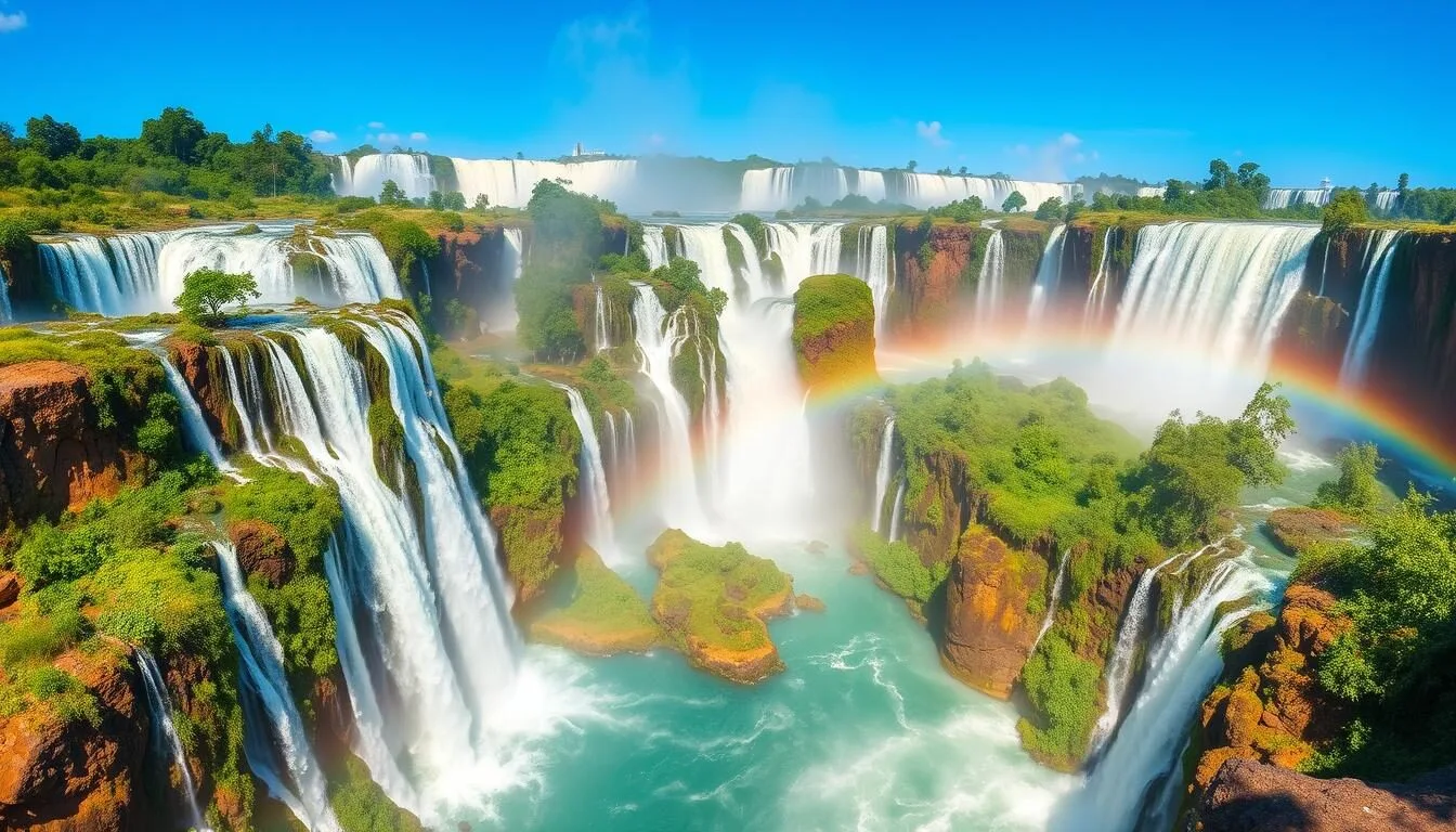 Panoramic view of Iguaçu Falls Brazil best things to do showing multiple cascades and rainbows in the mist