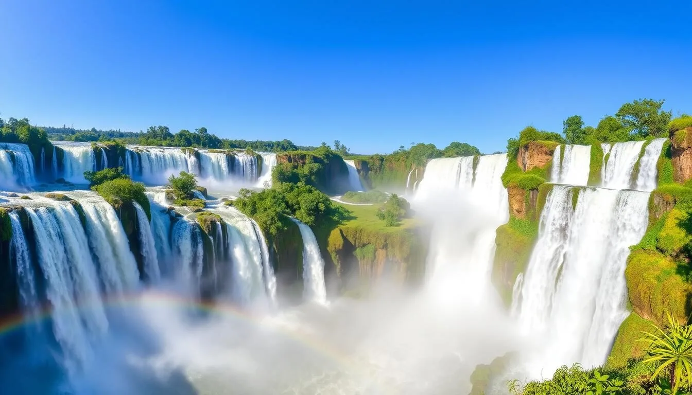 Panoramic view of Iguazu Falls in Puerto Iguazú, Argentina with rainbows forming over multiple cascades
