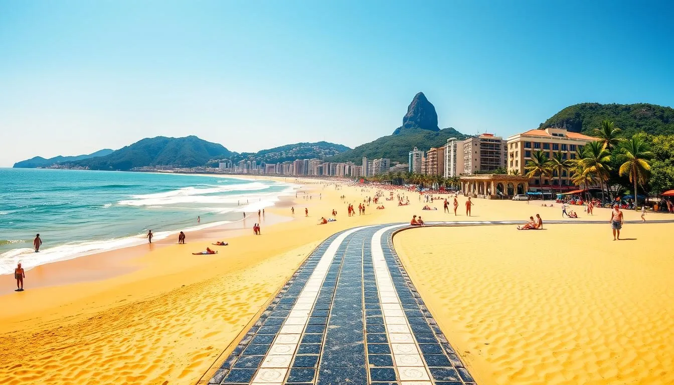 Panoramic view of Ipanema Beach with Two Brothers Mountain (Morro Dois Irmãos) in the background on a sunny day