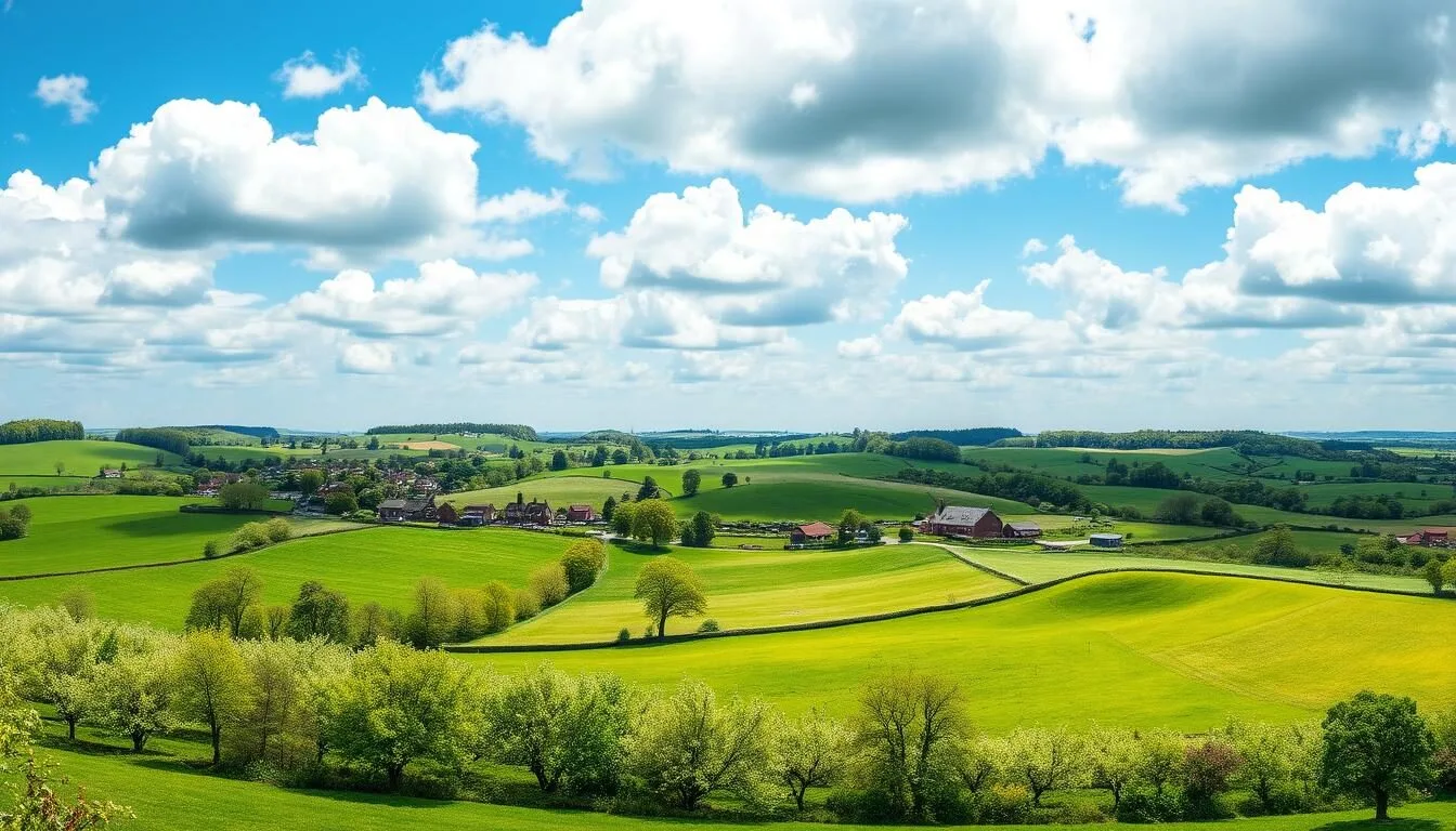 Panoramic view of Kent countryside with rolling hills, orchards and historic buildings under blue sky