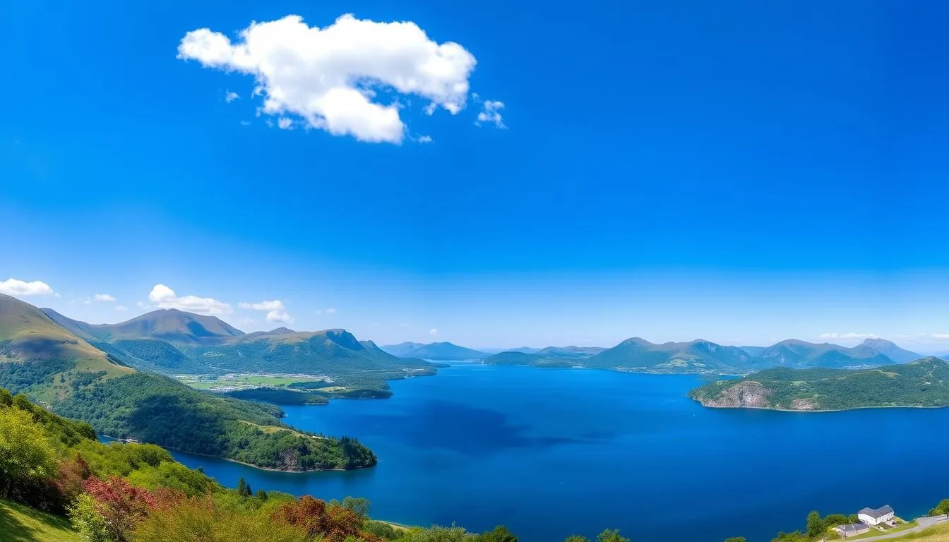 Panoramic-view-of-Lake-Windermere-with-mountains-in-the-background-on-a-clear-day-in-the-Lake Panoramic view of Lake Windermere with mountains in the background on a clear day in the Lake District, England