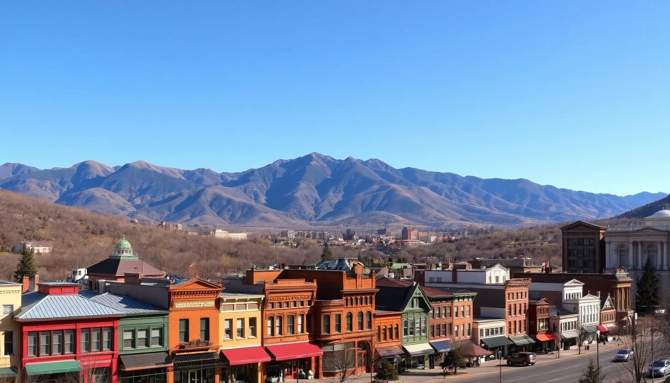 Panoramic view of Manitou Springs with Pikes Peak mountain in the background on a sunny day