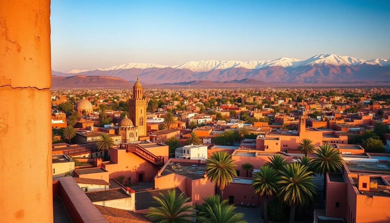 Panoramic view of Marrakech with the Atlas Mountains in the background, showcasing Morocco's best things to do