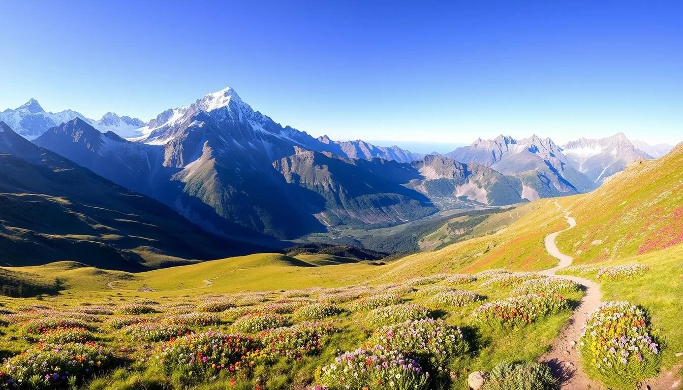 Panoramic view of Mount Kosciuszko National Park with snow-capped peaks and alpine meadows filled with wildflowers