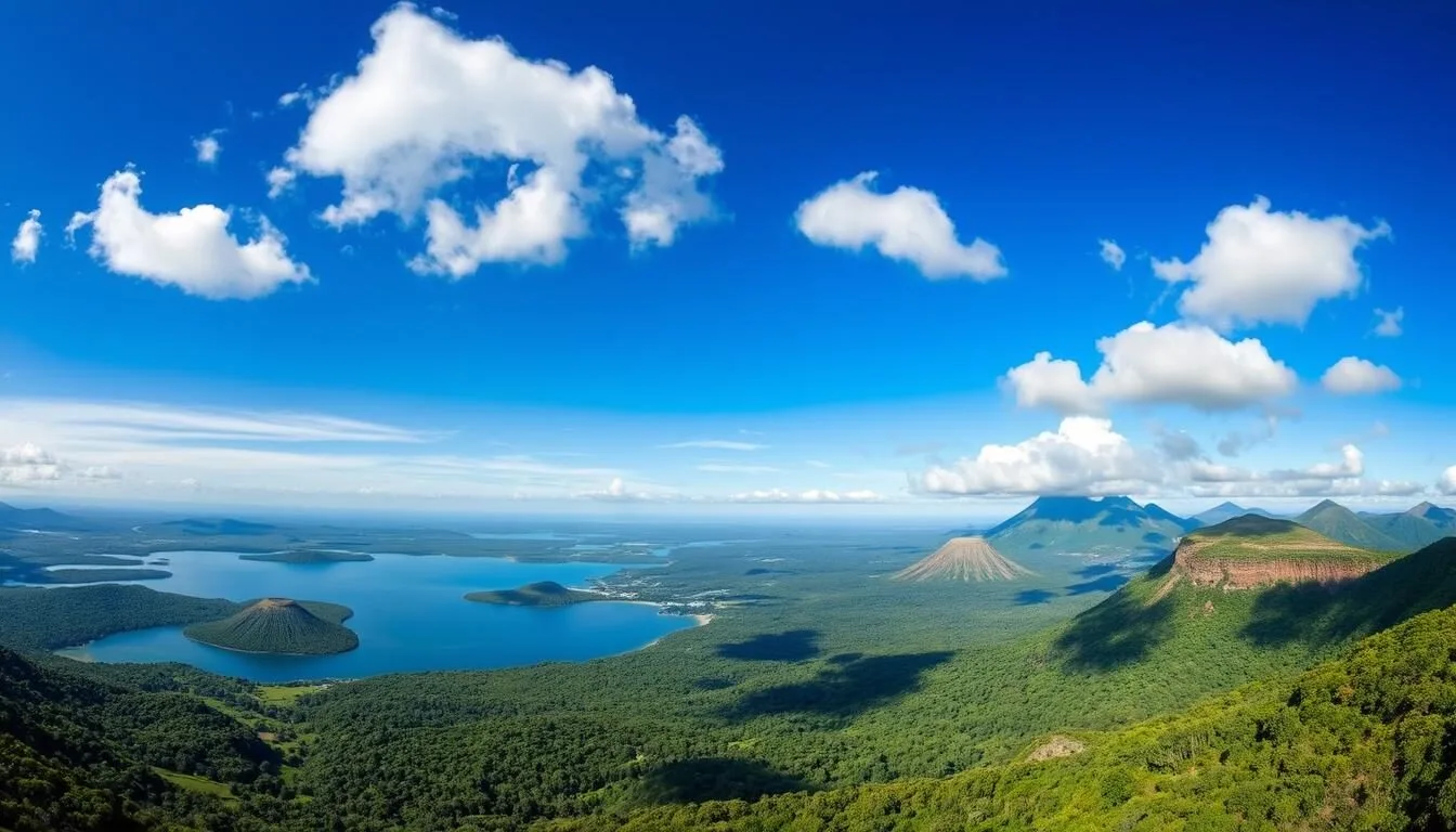 Panoramic view of Nicaragua's landscape showing volcanoes, lakes and lush greenery on a sunny day