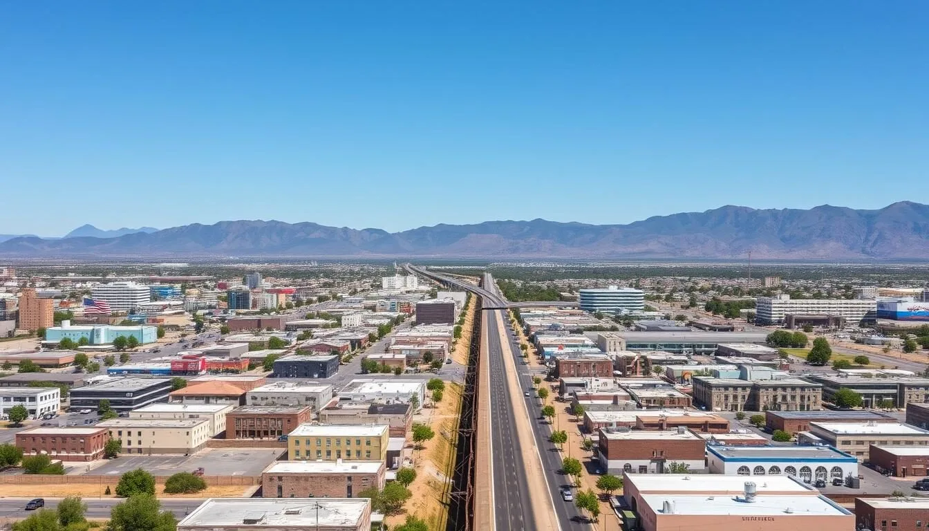 Panoramic view of Nogales Arizona showing the border wall dividing the US and Mexican sides of the city on a sunny day
