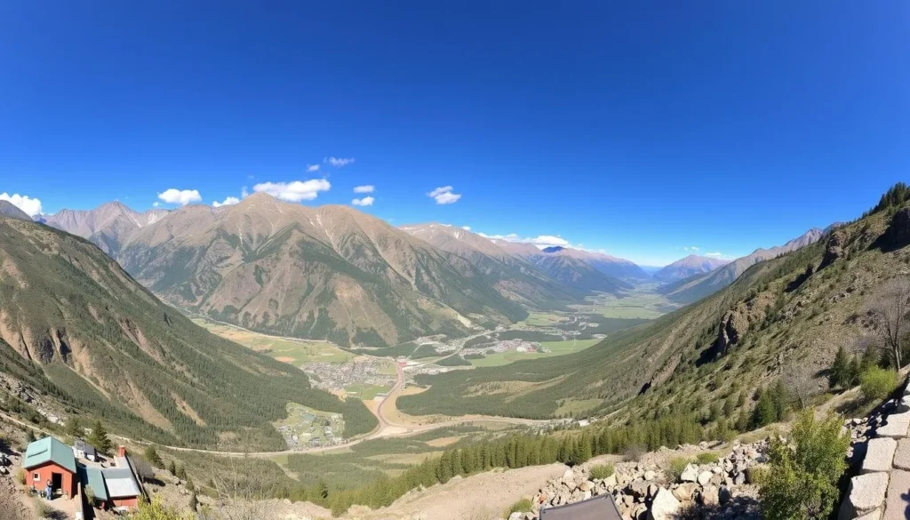 Panoramic view of Ouray, Colorado, with the Perimeter Trail winding through the mountains