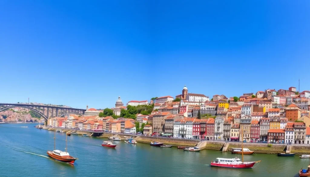 Panoramic view of Porto with colorful buildings along the Douro River and Dom Luís I Bridge