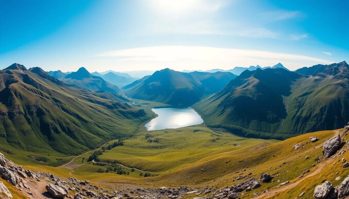 Panoramic view of Snowdonia National Park mountains in North Wales on a sunny day