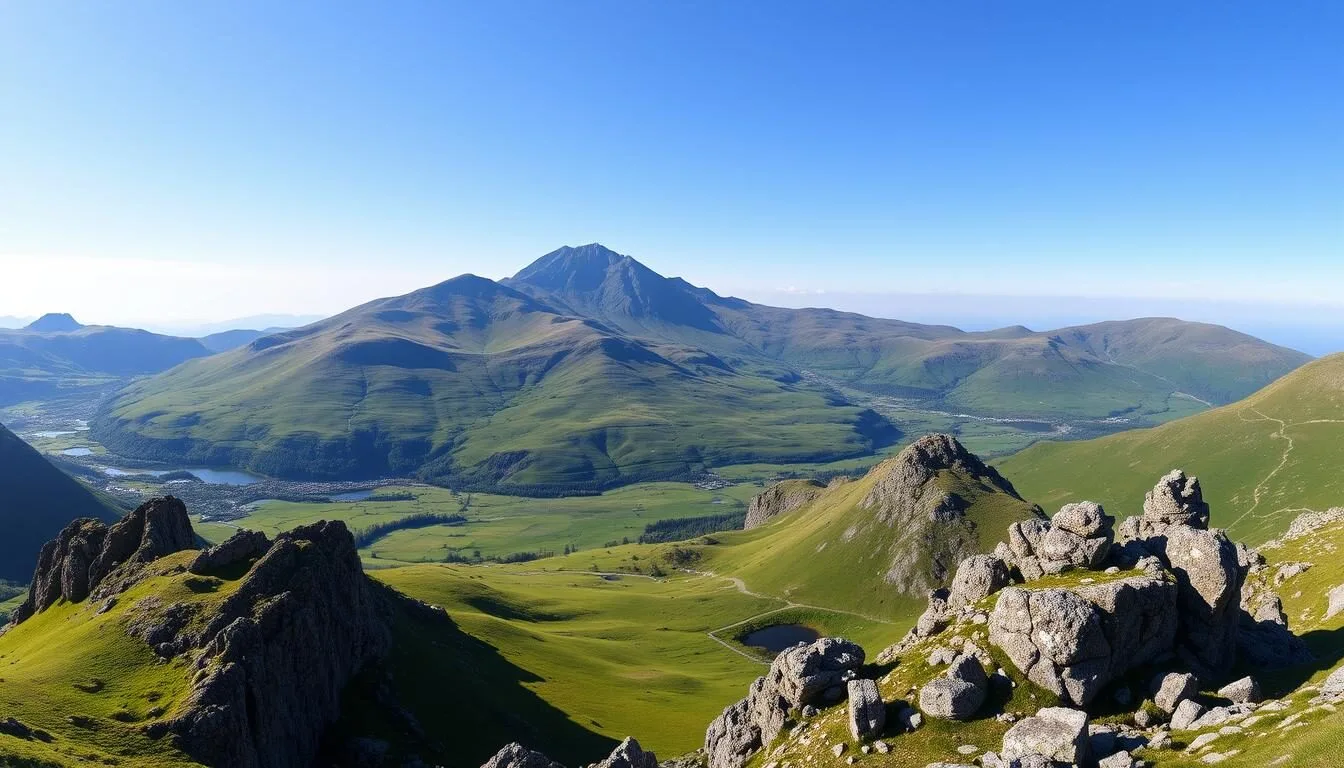 Panoramic view of Snowdonia National Park mountains with Yr Wyddfa (Snowdon) in the background on a clear sunny day