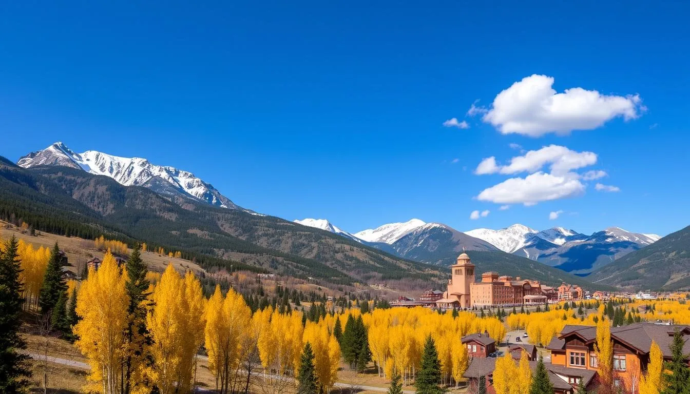 Panoramic view of Snowmass Village with mountain backdrop and colorful aspen trees in fall