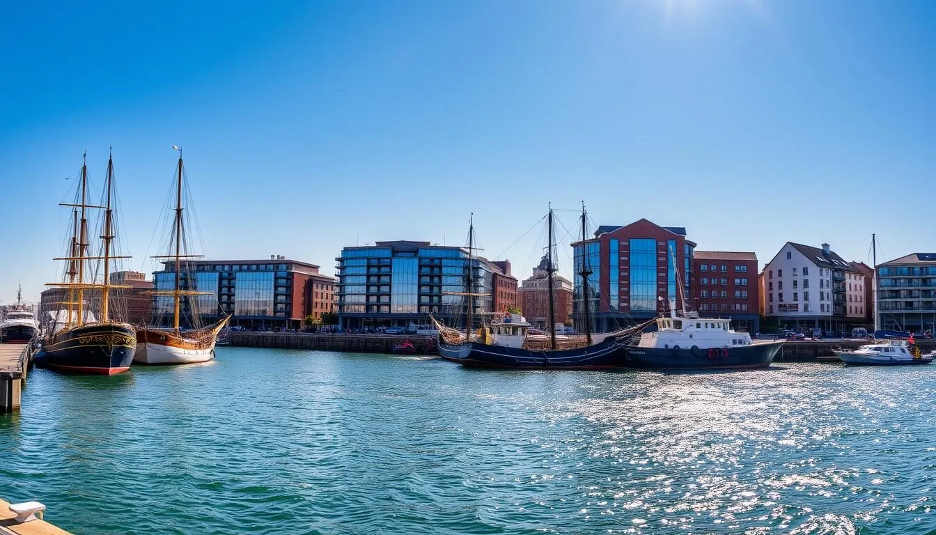 Panoramic view of Southampton's waterfront with historic ships and modern buildings