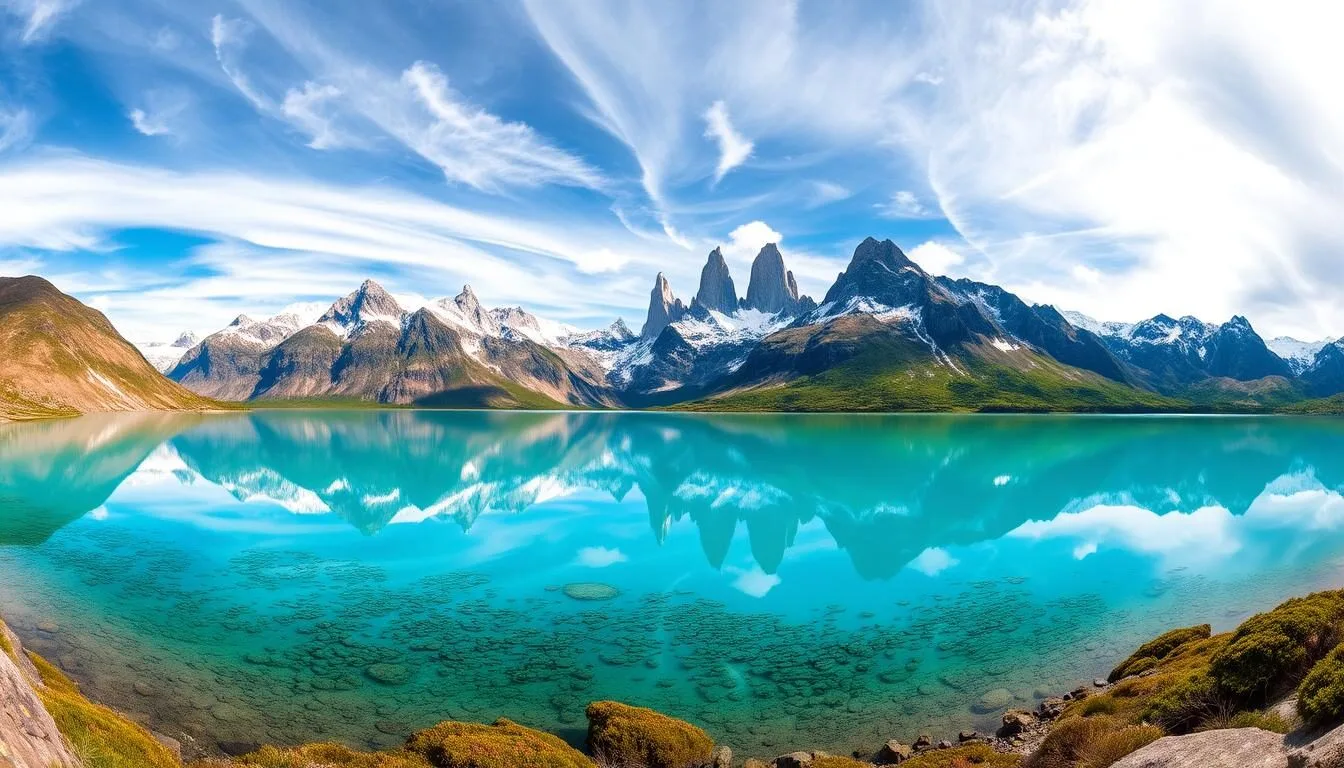 Panoramic view of Torres del Paine National Park in Patagonia Chile with the iconic granite towers reflected in a turquoise lake