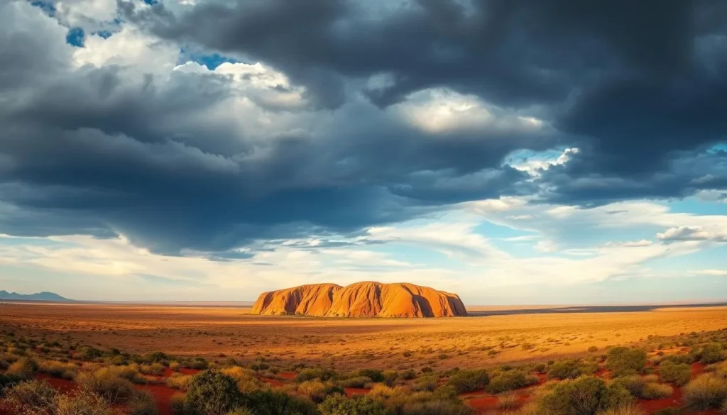 Panoramic view of Uluru (Ayers Rock) and surrounding desert landscape under dramatic cloudy sky Panoramic view of Uluru (Ayers Rock) and surrounding desert landscape under dramatic cloudy sky