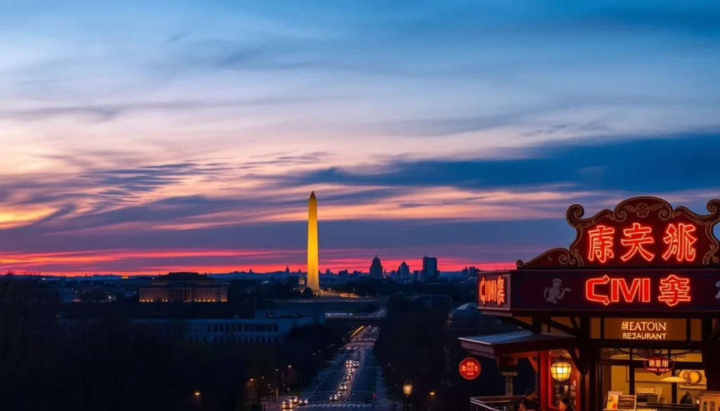Panoramic view of Washington DC skyline at sunset with Chinese restaurant lights visible in the foreground