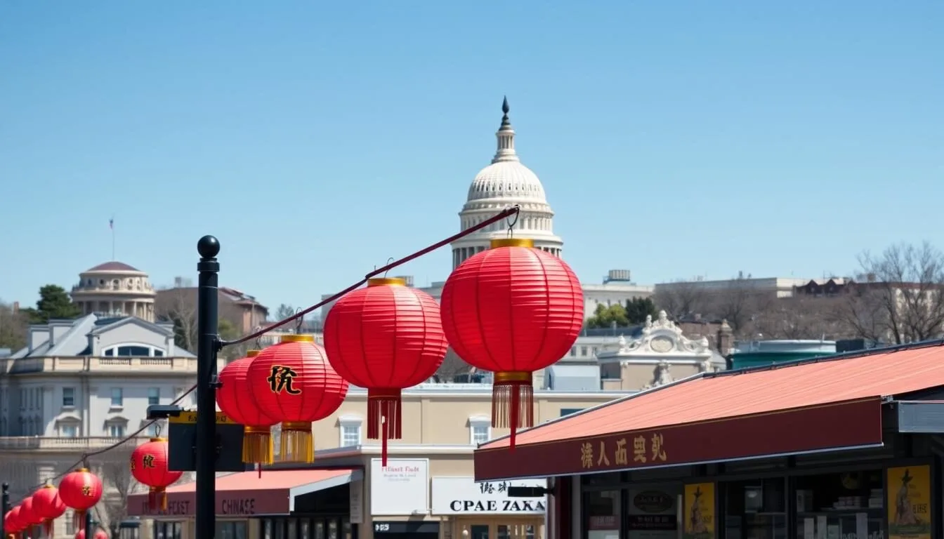 Panoramic view of Washington DC with the Capitol building and Chinese restaurant signage in the foreground on a sunny day