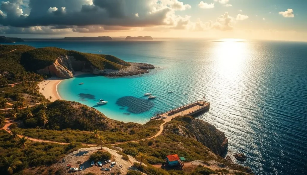 Panoramic view of West End Cayman Brac at sunset showing the beauty of this Caribbean paradise Panoramic view of West End Cayman Brac at sunset showing the beauty of this Caribbean paradise