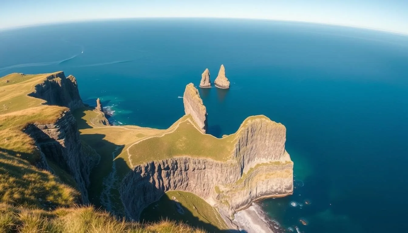 Panoramic view of dramatic Shetland Islands coastline with cliffs and sea stacks on a clear day
