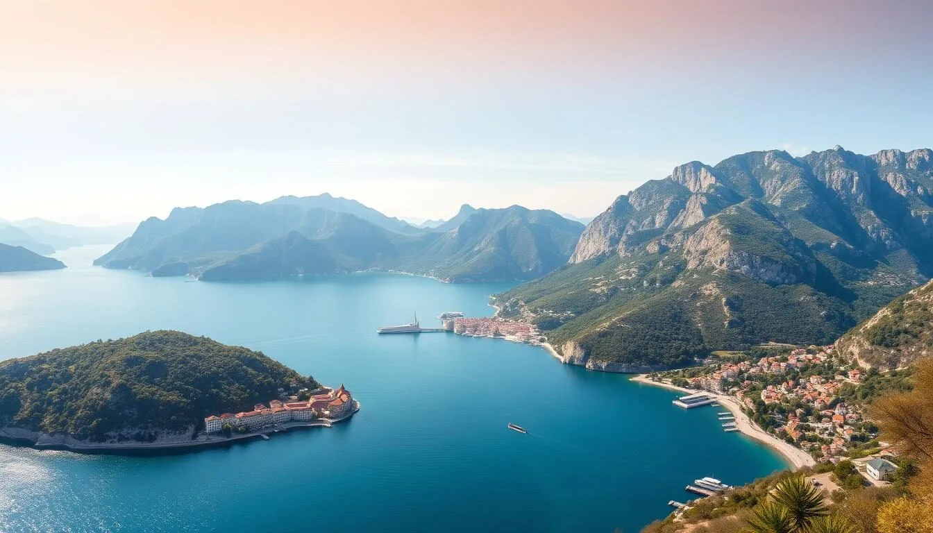 Panoramic view of the Bay of Kotor with mountains in the background and medieval towns along the shoreline