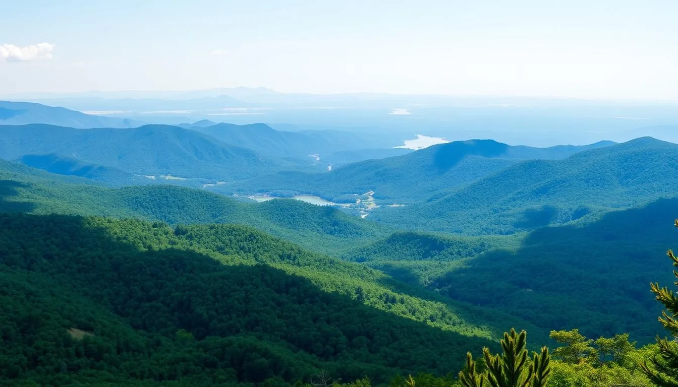Panoramic view of the Chattahoochee-Oconee National Forest showing mountains, forests, and valleys on a clear sunny day