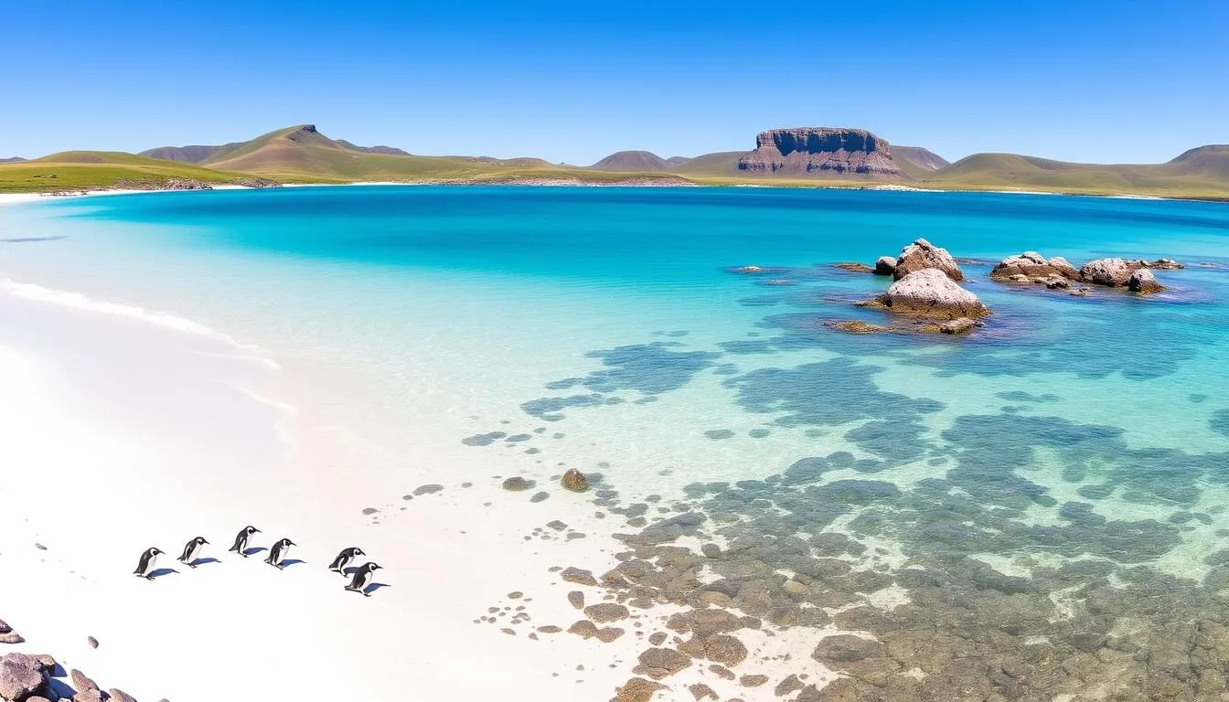 Panoramic view of the Falkland Islands coastline with penguins in the foreground and rolling hills in the background