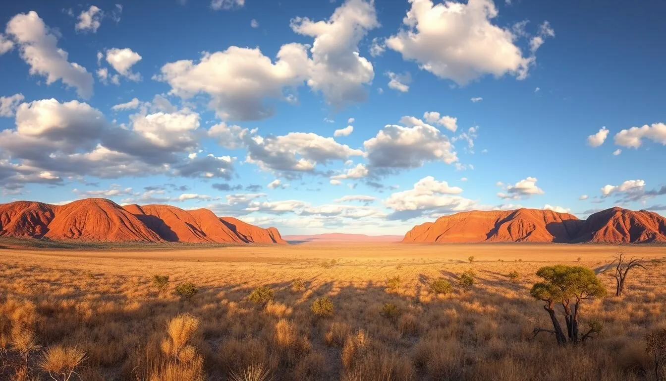 Panoramic view of the Gawler Ranges National Park showing red volcanic hills and vast outback landscape under a blue sky